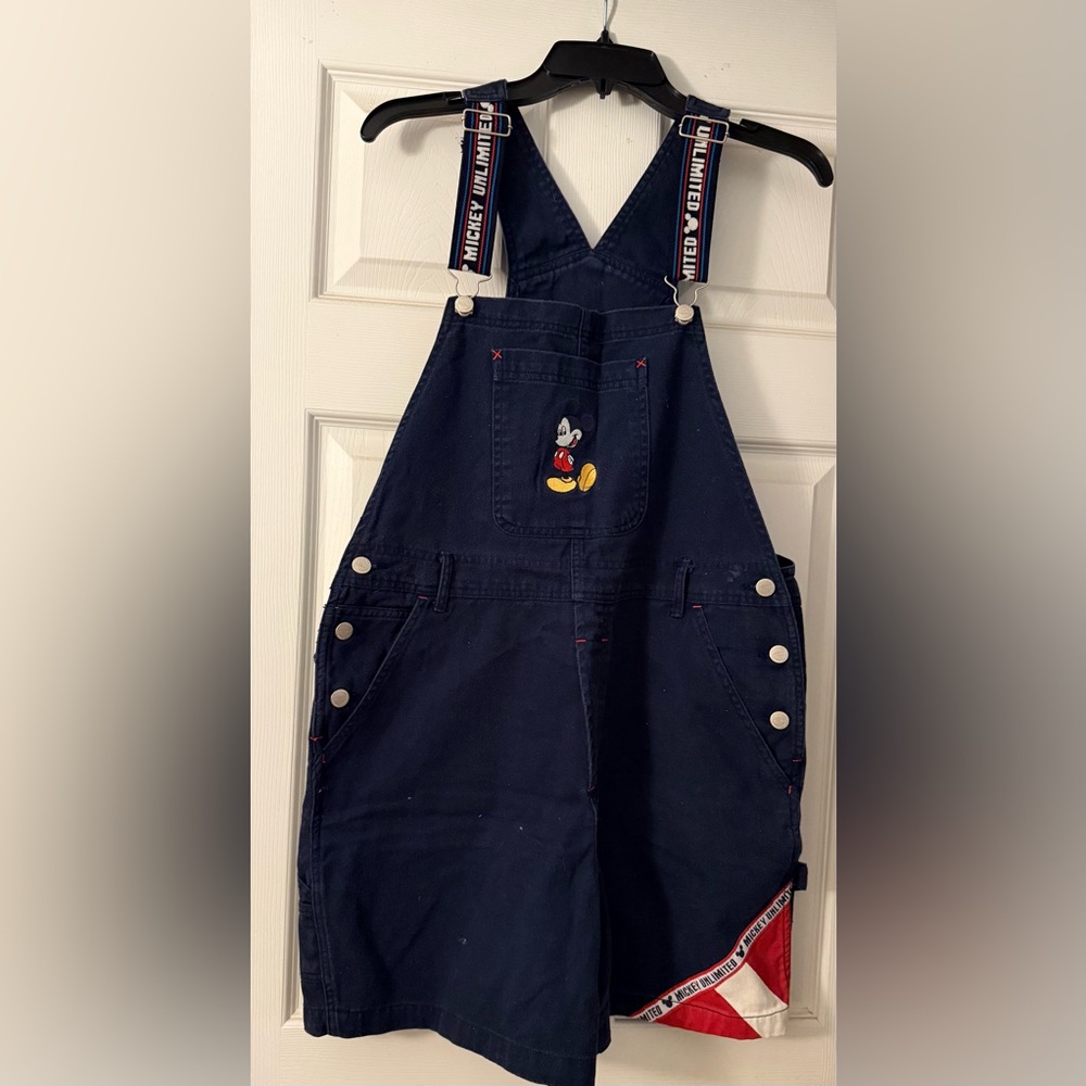 Vintage Mickey Unlimited Overalls Shorts Womens M Disney Pockets 90s Navy Denim